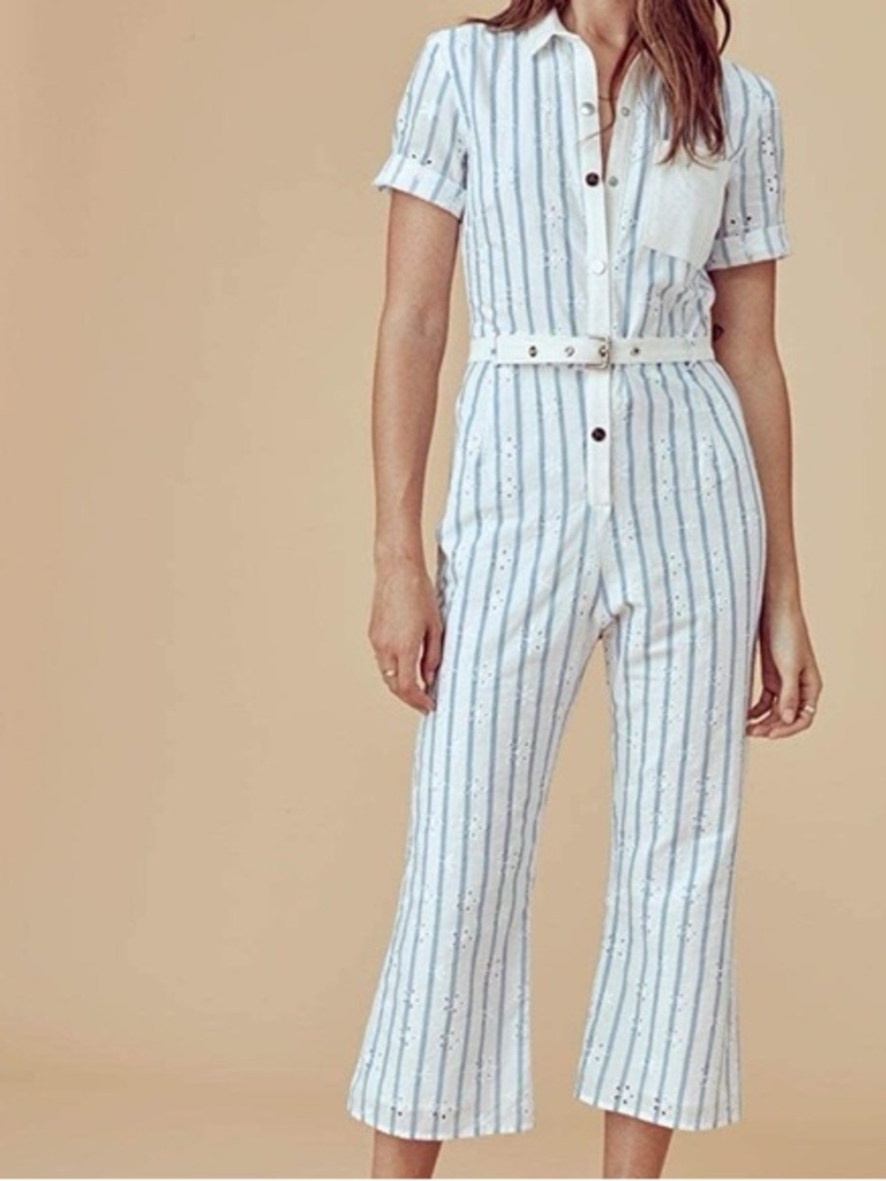 For Love & Lemons Blue and White Striped Eyelet Cotton Jumpsuit
